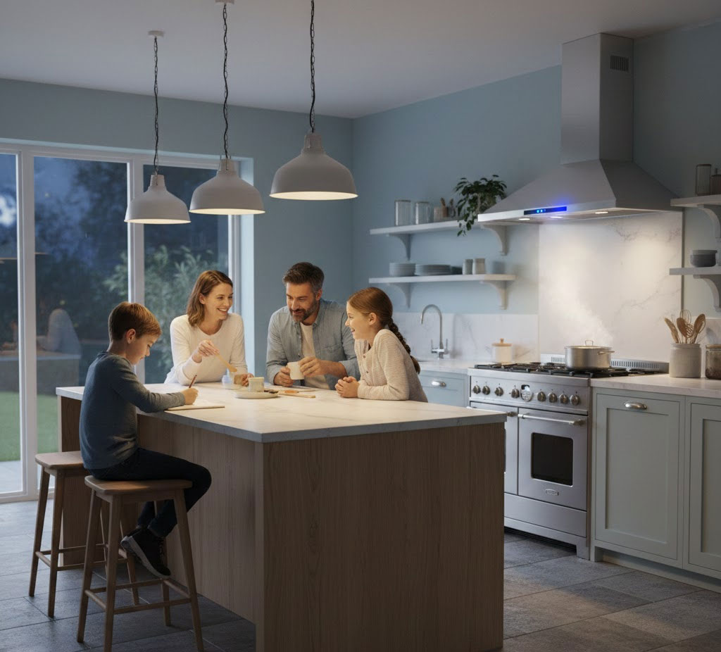 Gia đình trò chuyện trong bếp yên tĩnh khi máy hút mùi vận hành êm Gia đình trò chuyện trong bếp yên tĩnh khi máy hút mùi vận hành êm