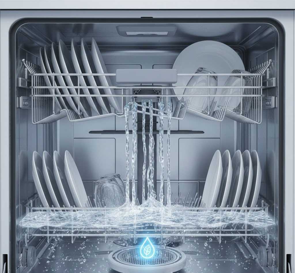 Quy trình máy rửa bát hoạt động với nước đã được làm mềm bởi muối Largo