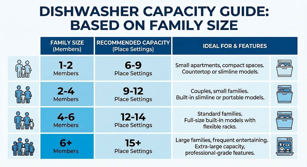Bảng đánh giá dung tích máy rửa bát theo số thành viên gia đình