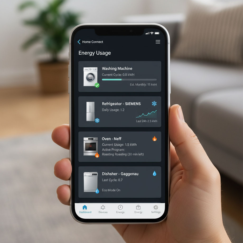 app điện thoại hiển thị mức năng lượng đang dùng cho từng thiết bị.