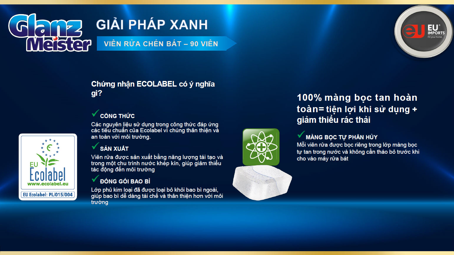 Viên rửa bát Glanz Meister đạt chứng nhận Ecolabel châu Âu thân thiện môi trường