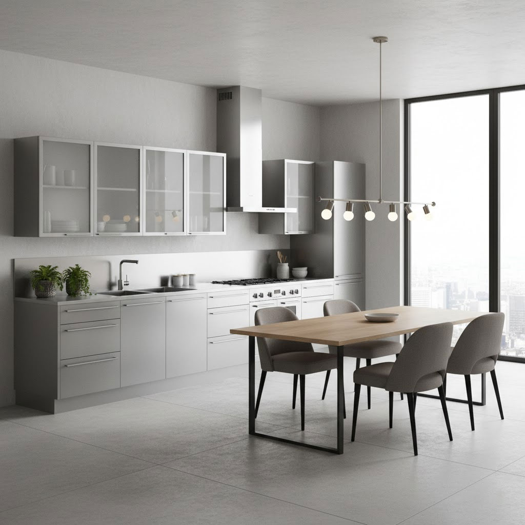 Thiết bị inox bếp kết hợp bàn ăn phong cách