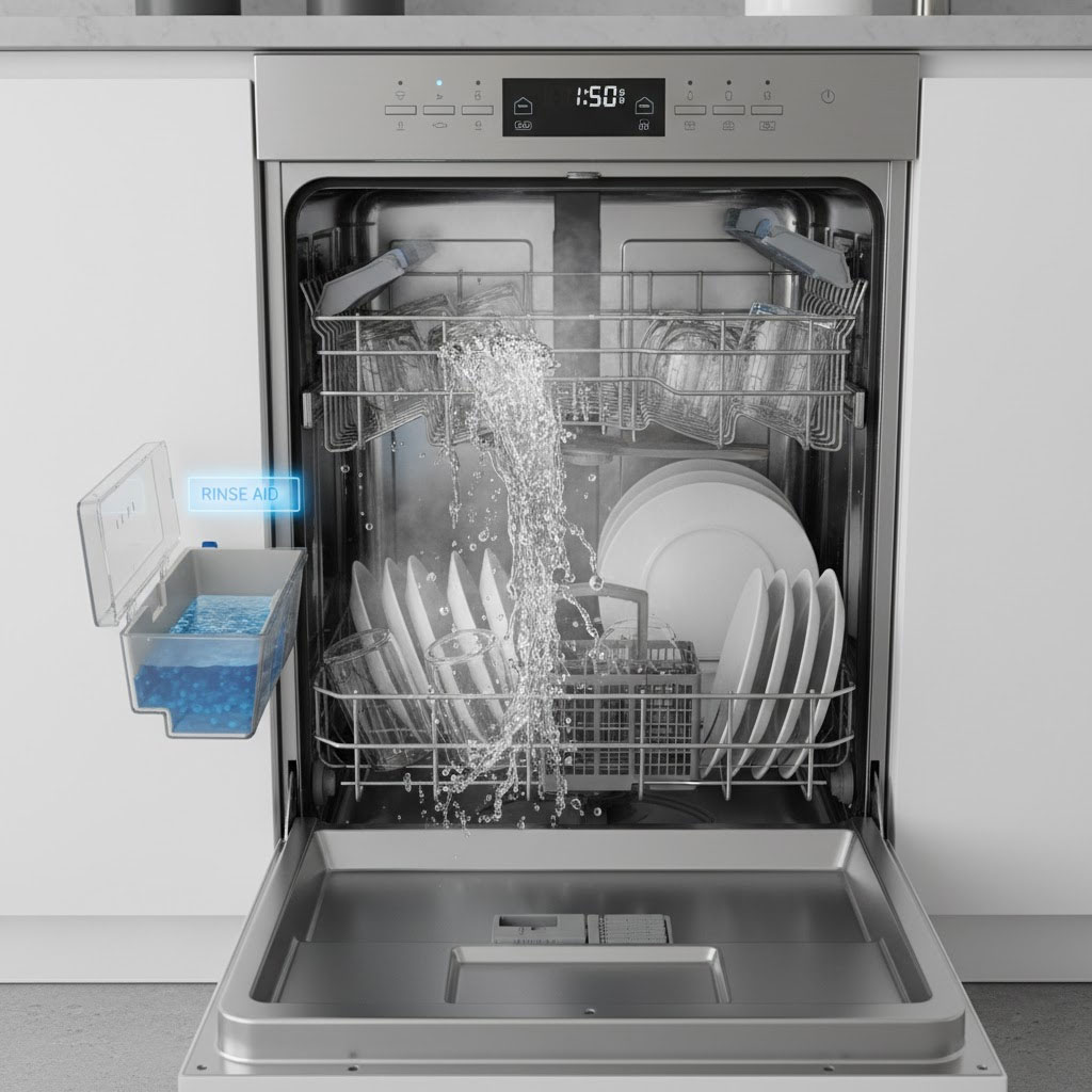 Máy rửa bát hiện đại đang hoạt động, hiển thị ngăn chứa nước làm bóng đang mở Máy rửa bát hiện đại đang hoạt động, hiển thị ngăn chứa nước làm bóng đang mở