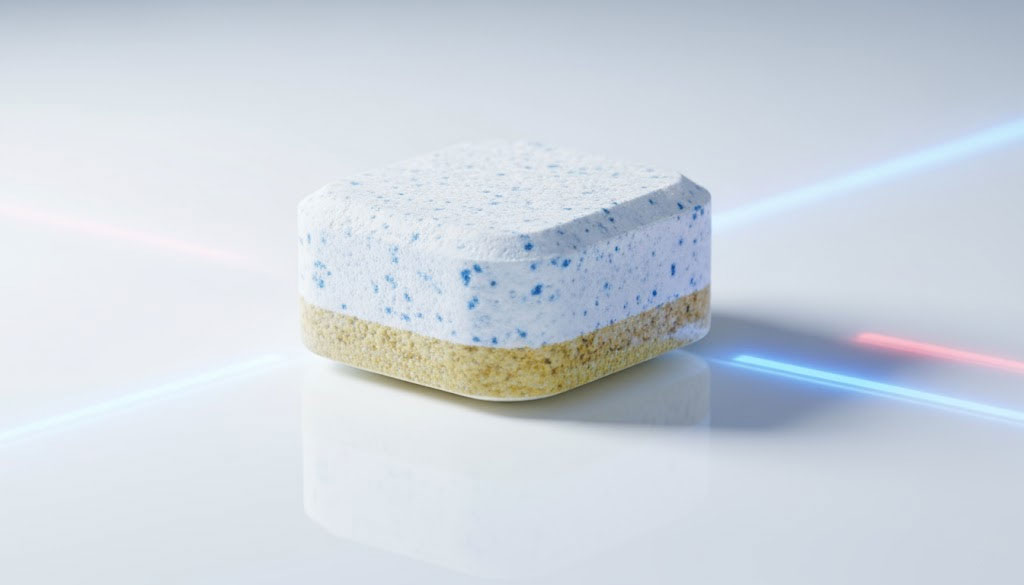 Cận cảnh viên rửa bát Largo Classic nhiều lớp, hiển thị cấu trúc enzyme và chất tẩy oxy hoạt tính Cận cảnh viên rửa bát Largo Classic nhiều lớp, hiển thị cấu trúc enzyme và chất tẩy oxy hoạt tính