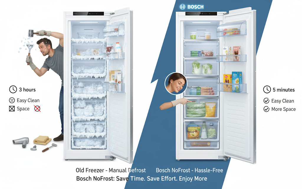 Công nghệ NoFrost hiện đại trên tủ đông Bosch GIN81ACE0 giúp tiết kiệm thời gian và công sức