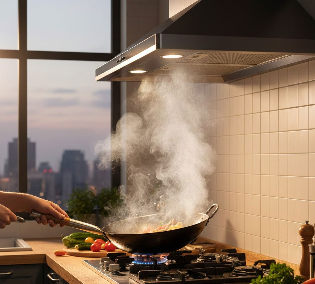 Máy hút mùi hoạt động khi chiên xào giúp không khí quanh bếp trong lành Máy hút mùi hoạt động khi chiên xào giúp không khí quanh bếp trong lành
