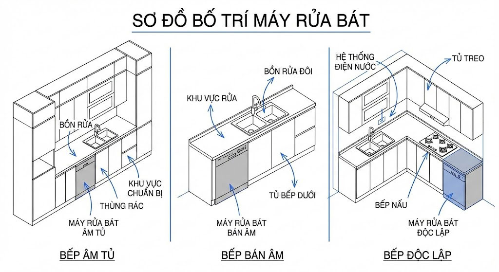 Sơ đồ bố trí các loại máy rửa bát trong bếp
