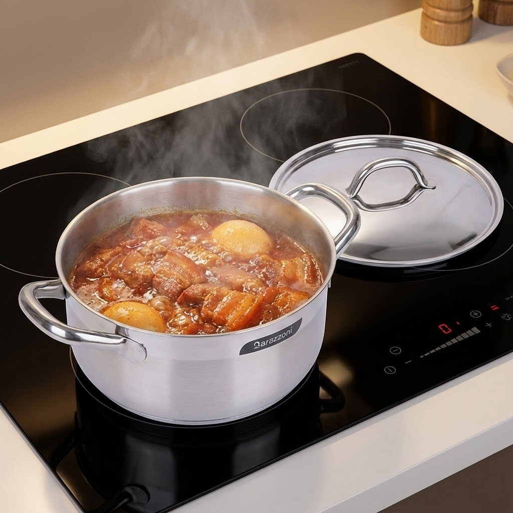 Nồi kho thịt Tết đang sôi nhẹ với hơi nước tỏa đều trên bếp