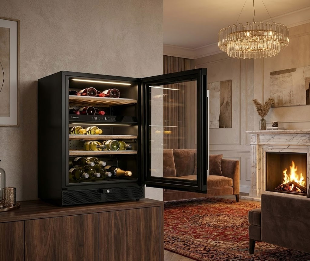 Khoang tủ rượu Bosch với gỗ thơm và ánh sáng sang trọng