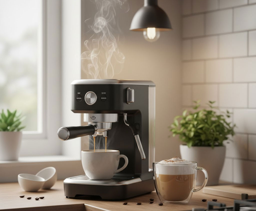 Máy pha cà phê espresso sang trọng trong căn bếp hiện đại