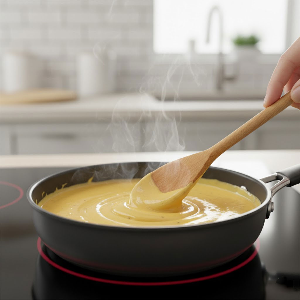 Hỗn hợp sốt phô mai vàng sánh trong nồi trên bếp từ Hỗn hợp sốt phô mai vàng sánh trong nồi trên bếp từ