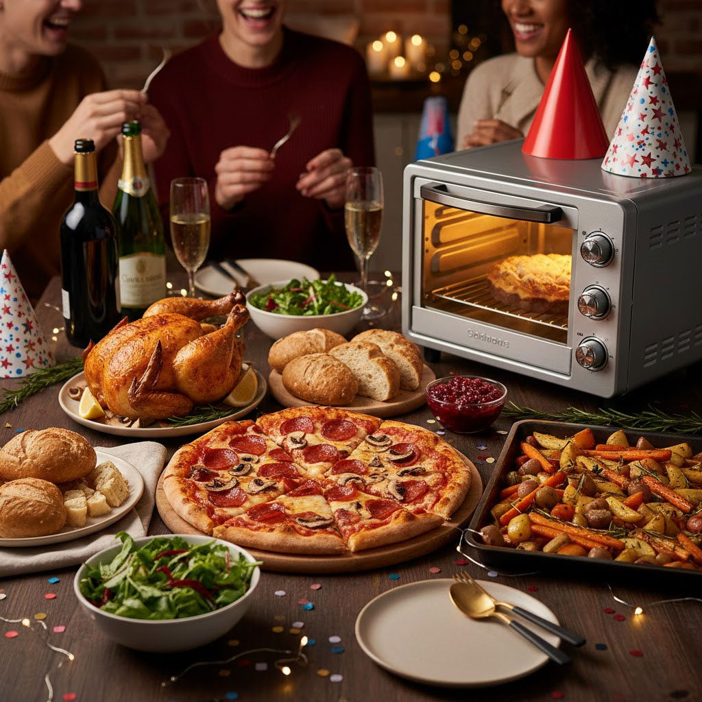 Bàn tiệc cuối năm có gà quay và pizza đặt cạnh lò nướng mini Bàn tiệc cuối năm có gà quay và pizza đặt cạnh lò nướng mini