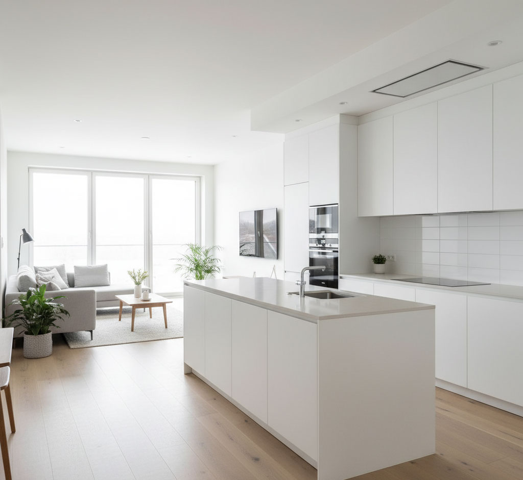 Không gian bếp nối liền phòng khách – bếp sáng thoáng, không một vệt khói hay ố bám