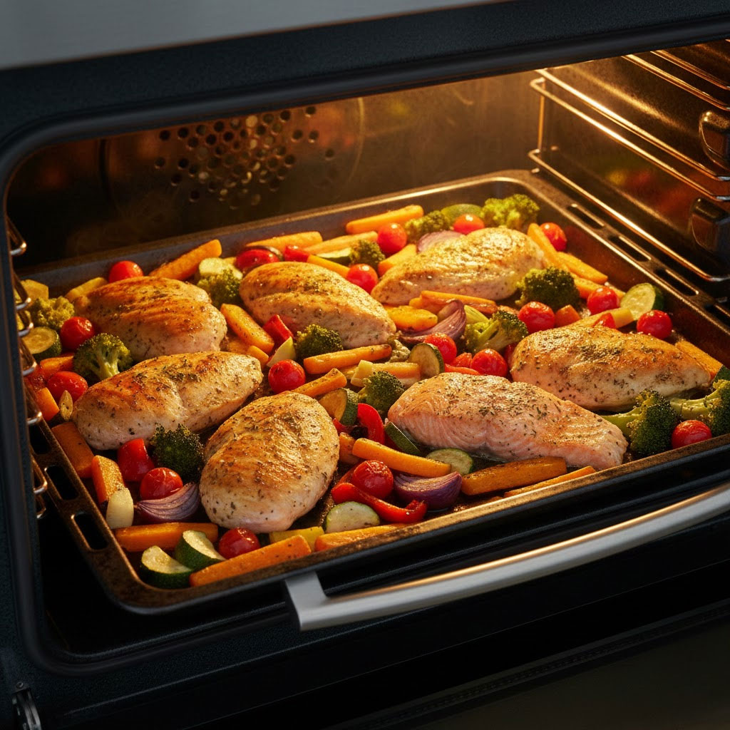 Khay đồ nướng healthy tổng hợp trong lò nướng đối lưu Khay đồ nướng healthy tổng hợp trong lò nướng đối lưu