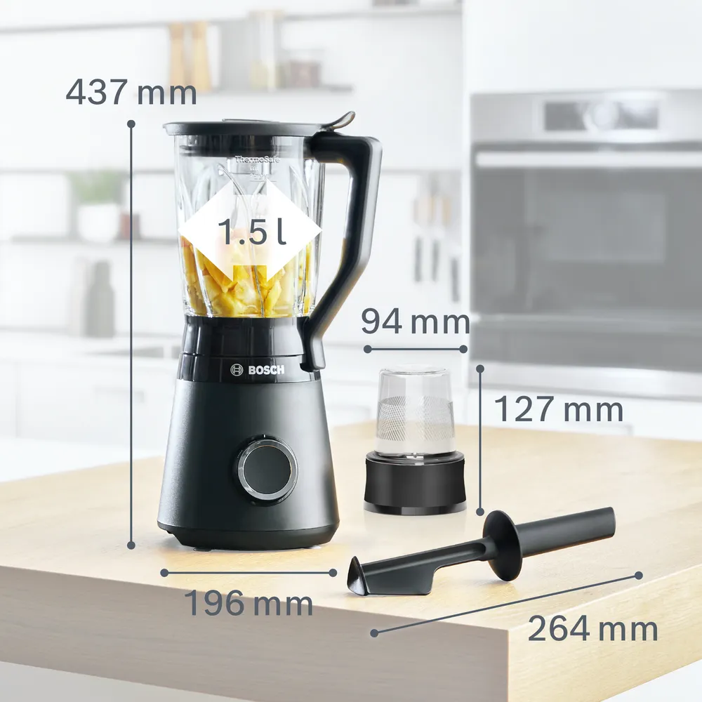 Máy xay sinh tố Bosch MMB6176B Series 4 với thiết kế hiện đại, màu đen sang trọng và nhỏ gọn