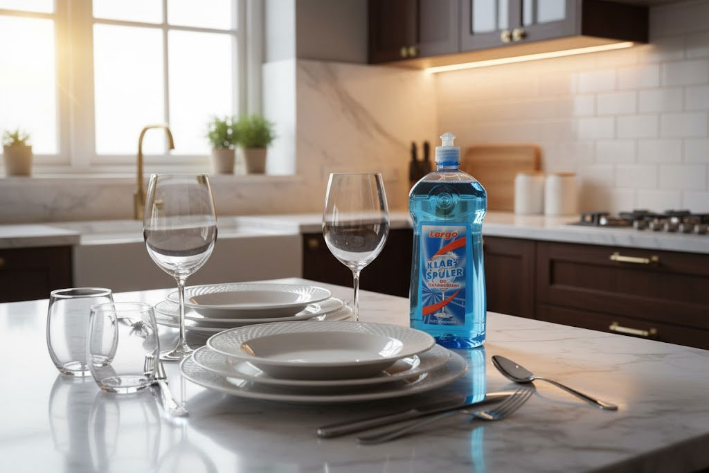 không gian bếp sang trọng với bộ bát đĩa sáng bóng, phản chiếu ánh sáng