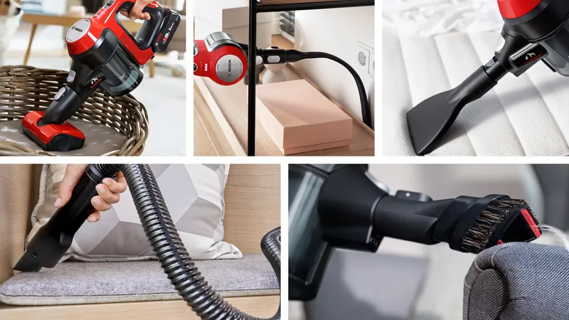 phụ kiện đa dạng và bộ sạc treo tường đi kèm máy hút bụi Bosch không dây