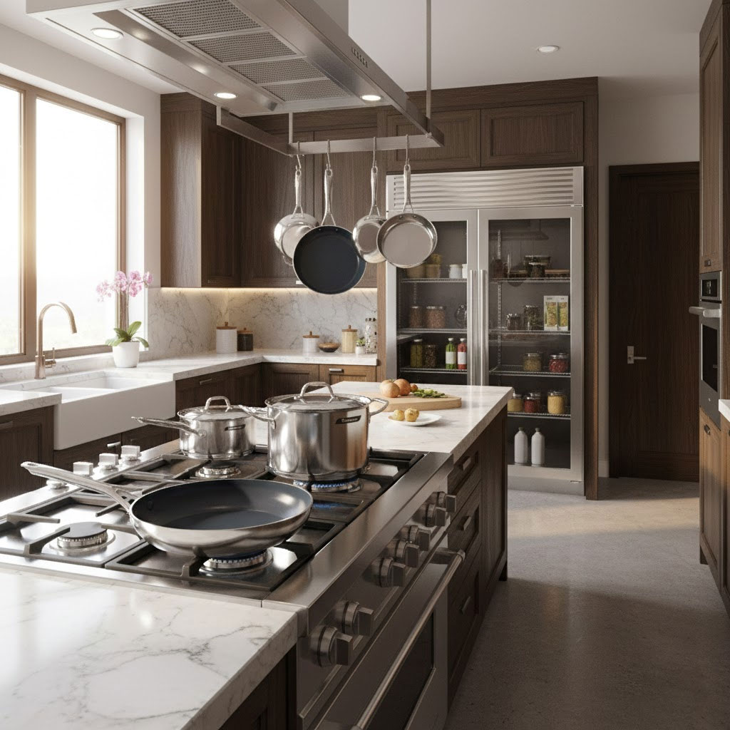 Không gian bếp sang trọng với bộ nồi chảo thương hiệu cao cấp