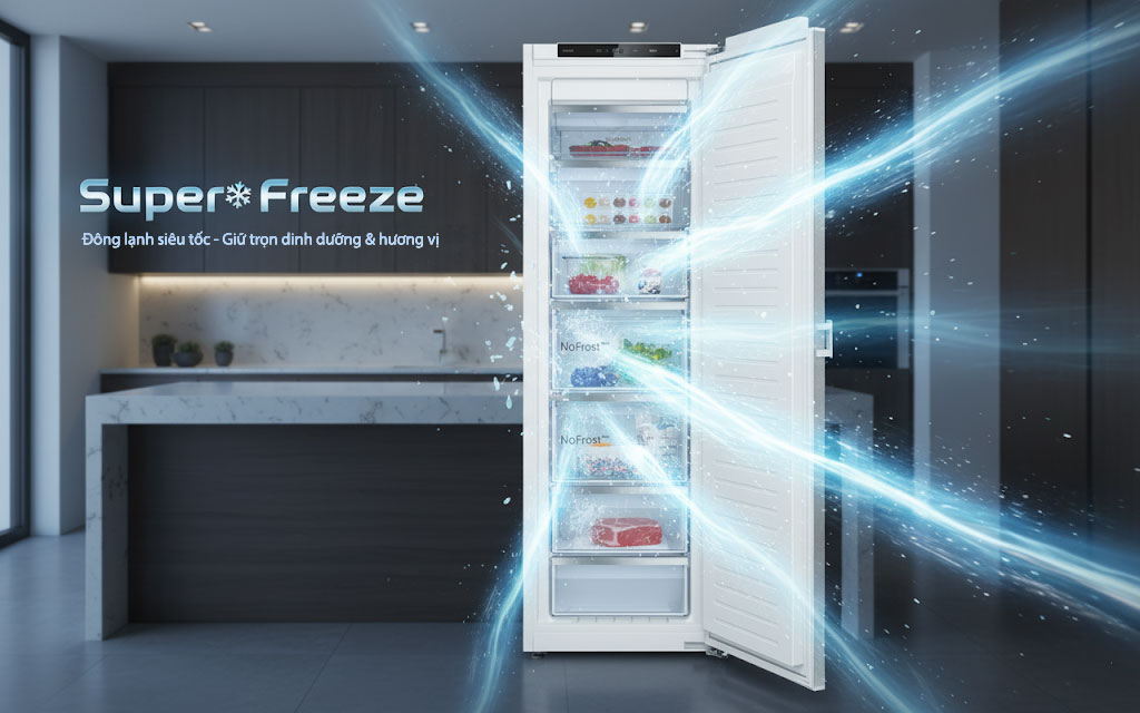 Chức năng Super Freeze trên tủ đông Bosch Series 6 GIN81ACE0 làm đông nhanh chóng