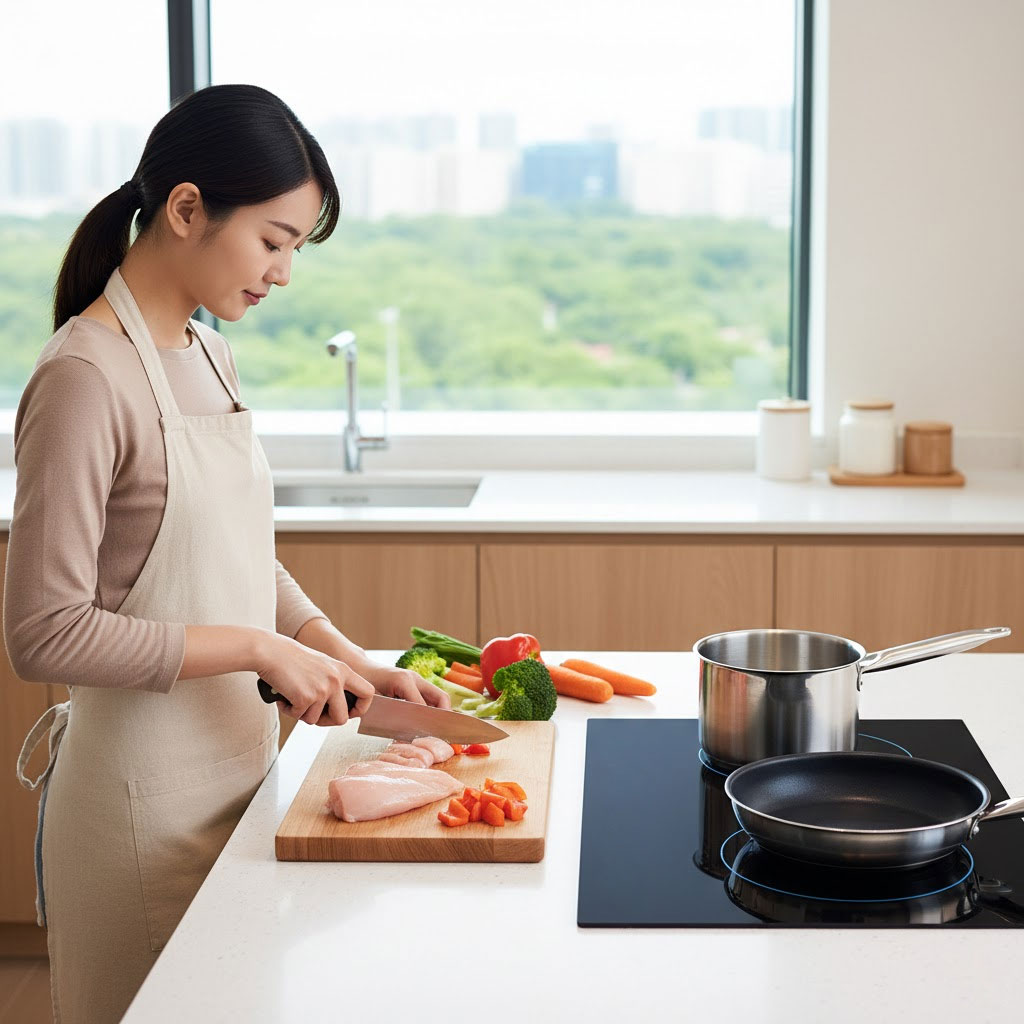 Người nội trợ cắt gà và rau củ trên thớt gỗ, bên cạnh là bếp từ Bosch Người nội trợ cắt gà và rau củ trên thớt gỗ, bên cạnh là bếp từ Bosch