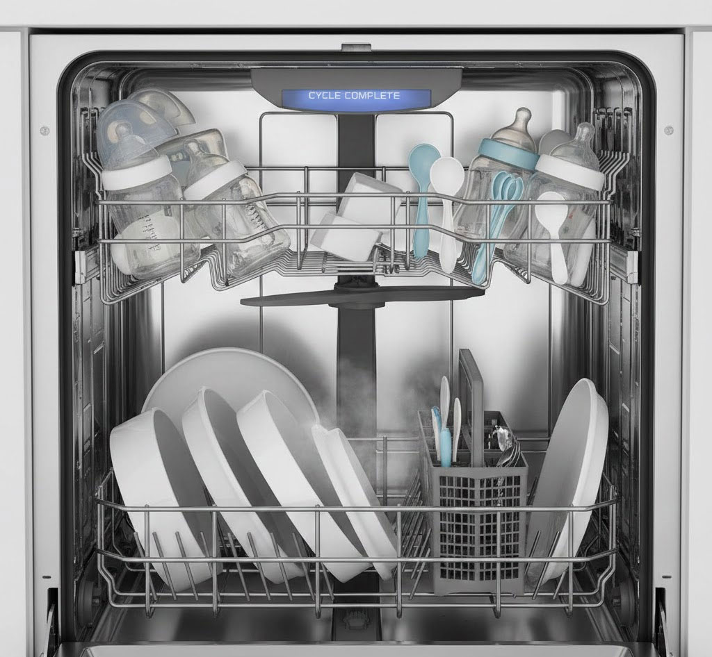 khoang máy rửa bát hiện đại với bình sữa và bát thìa trẻ sơ sinh khoang máy rửa bát hiện đại với bình sữa và bát thìa trẻ sơ sinh