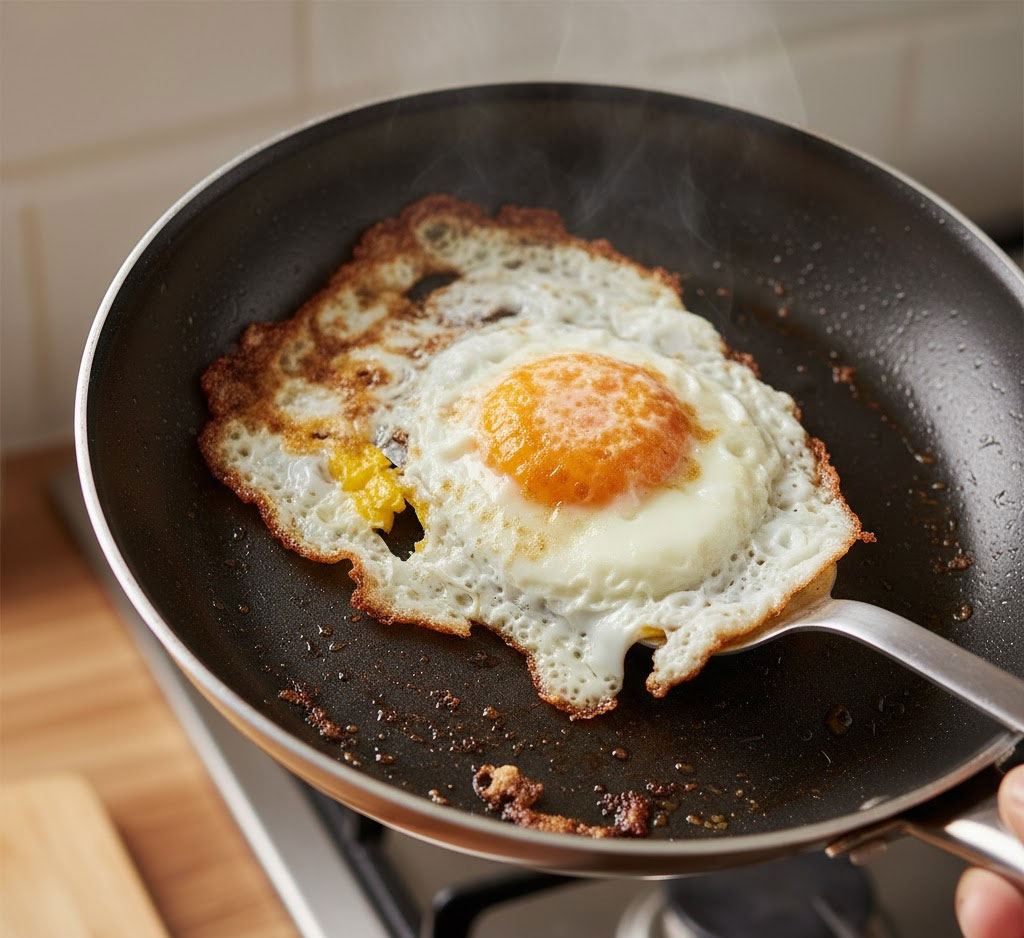 trứng bị dính vào lòng chảo khi lật lên
