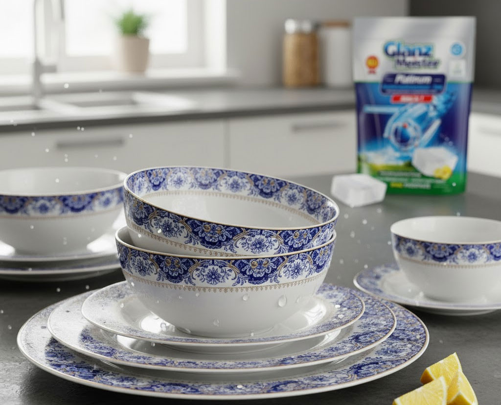 Bộ chén đĩa hoa văn tinh xảo sáng bóng sau khi rửa bằng viên rửa bát cao cấp Bộ chén đĩa hoa văn tinh xảo sáng bóng sau khi rửa bằng viên rửa bát cao cấp