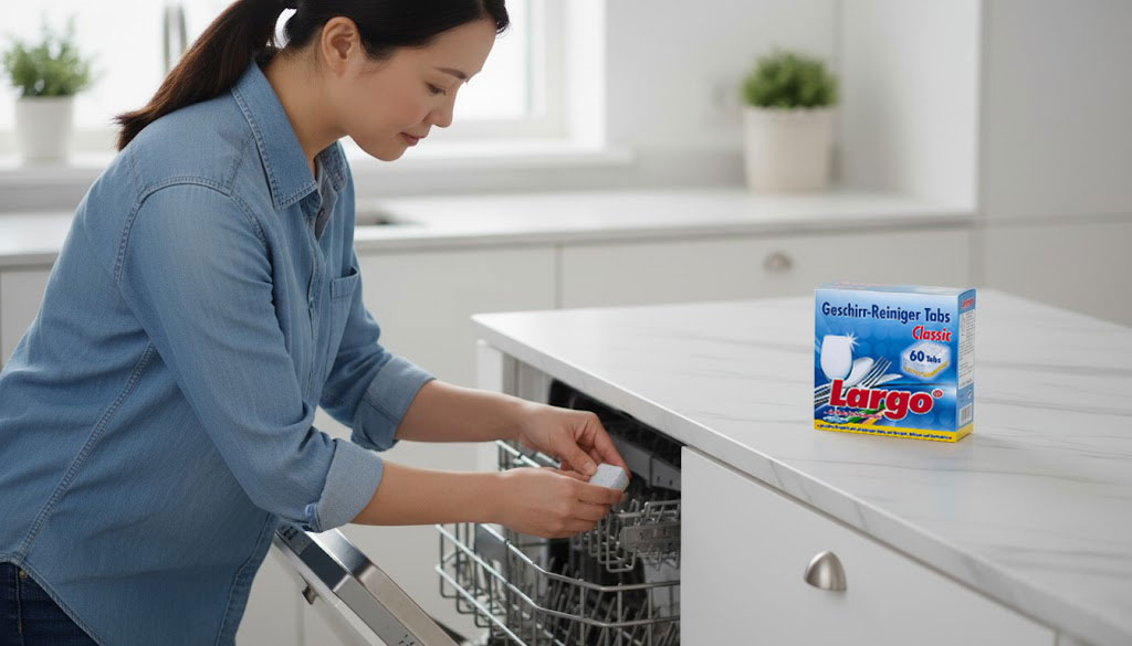 Hình ảnh người phụ nữ đang cho viên rửa bát Largo classic vào máy Hình ảnh người phụ nữ đang cho viên rửa bát Largo classic vào máy