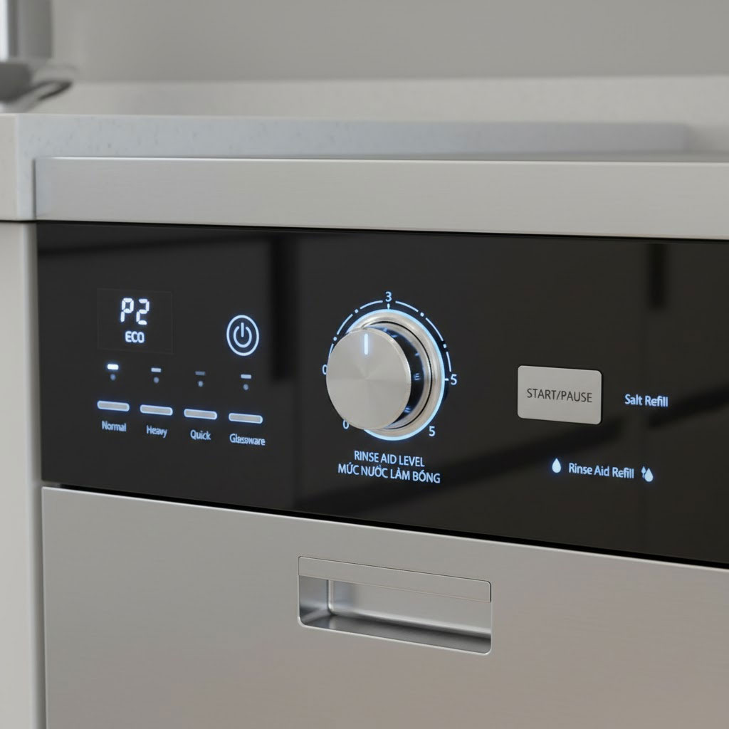 Bảng điều khiển máy rửa bát hiển thị chức năng điều chỉnh mức nước làm bóng Bảng điều khiển máy rửa bát hiển thị chức năng điều chỉnh mức nước làm bóng