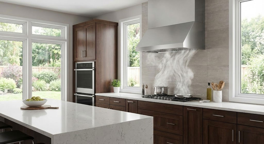 Bếp hiện đại với máy hút mùi lắp đặt trên tường Bếp hiện đại với máy hút mùi lắp đặt trên tường