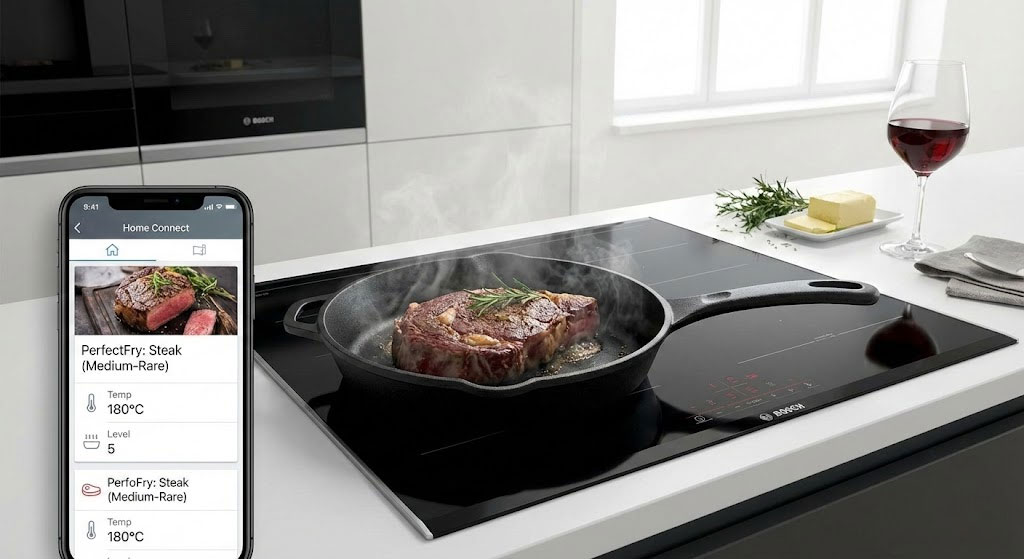 Trợ lý nấu ăn Home Connect hỗ trợ cài nhiệt khi chiên steak trên bếp từ Bosch Trợ lý nấu ăn Home Connect hỗ trợ cài nhiệt khi chiên steak trên bếp từ Bosch
