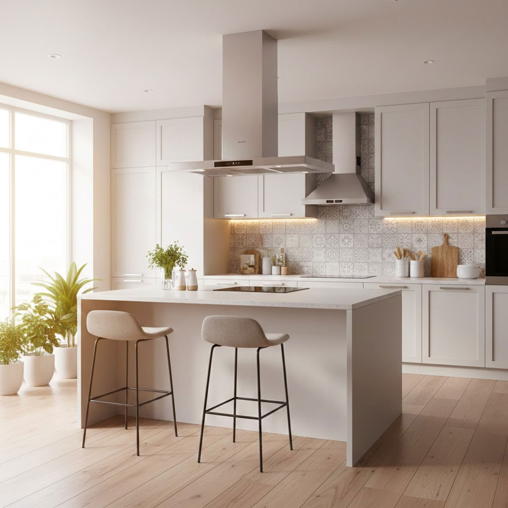 Không gian bếp hiện đại với máy hút mùi áp tường inox và ánh đèn dịu Không gian bếp hiện đại với máy hút mùi áp tường inox và ánh đèn dịu