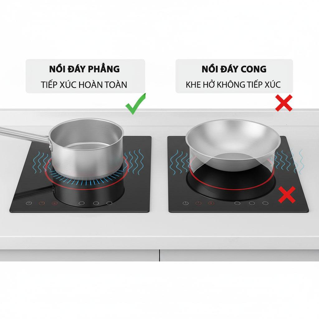 nồi đáy phẳng và nồi đáy cong đặt trên bếp từ