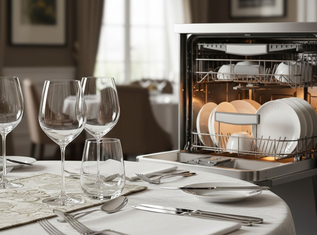 Chén đĩa và ly thủy tinh sáng bóng sau khi sử dụng muối làm mềm nước Largo 2kg