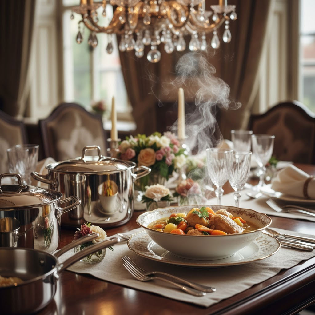 Bàn ăn sang trọng với bát canh gà hầm rau củ nghi ngút khói đặt cạnh bộ nồi inox Bosch sáng bóng