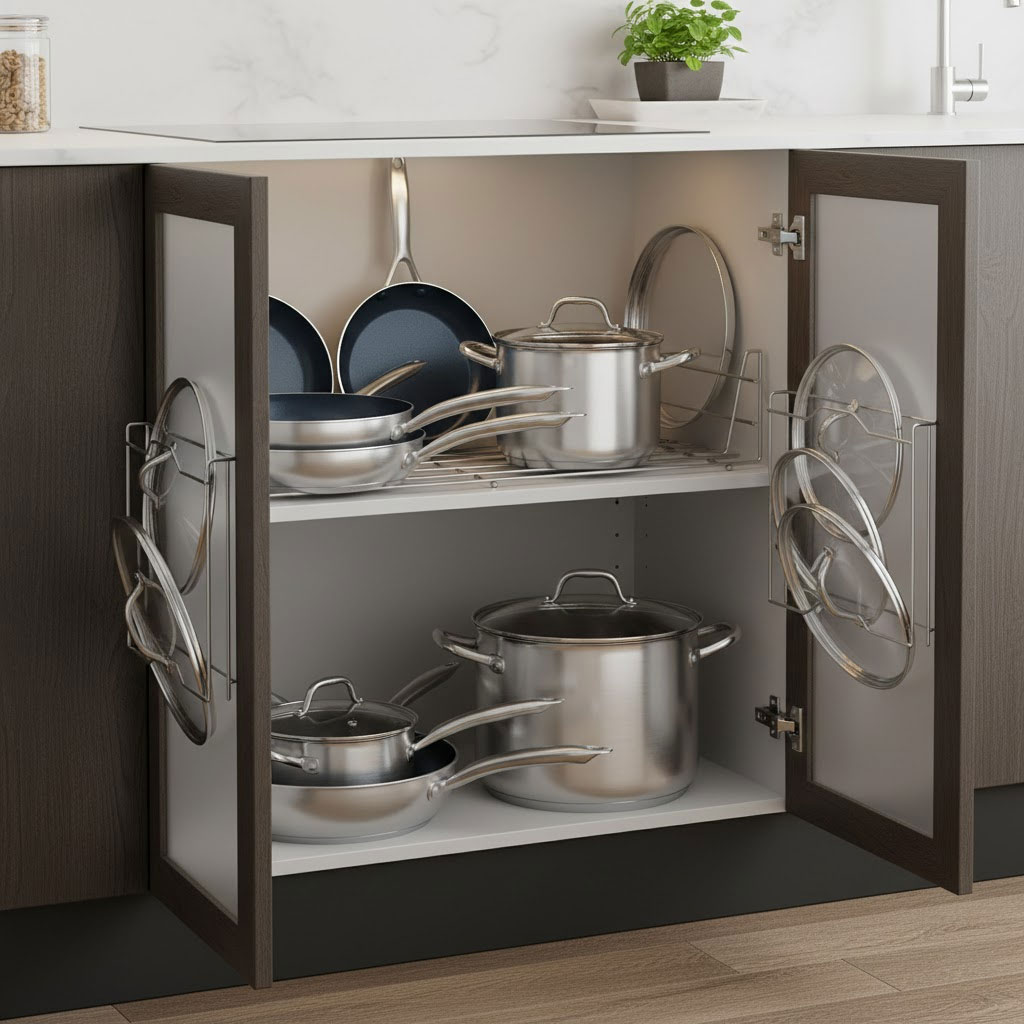 Bộ nồi chảo nhiều kích thước xếp gọn trong tủ bếp gia đình