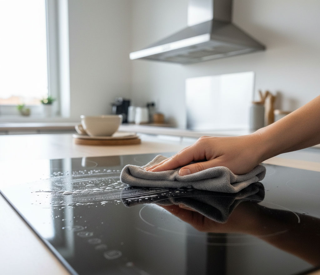 vệ sinh mặt kính bếp từ bằng khăn mềm vệ sinh mặt kính bếp từ bằng khăn mềm