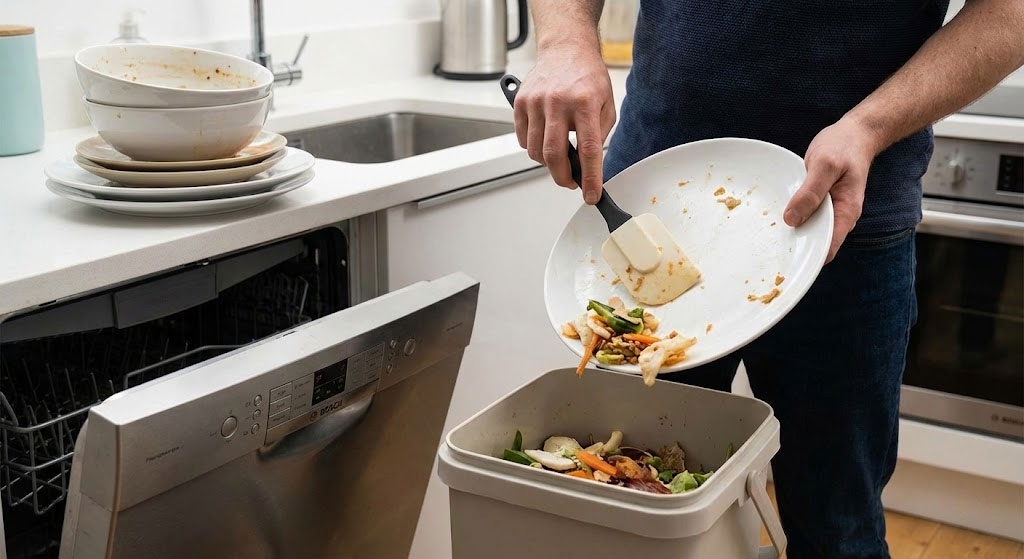 Gạt sạch thức ăn thừa khỏi bát đĩa trước khi cho vào máy rửa bát Bosch Gạt sạch thức ăn thừa khỏi bát đĩa trước khi cho vào máy rửa bát Bosch