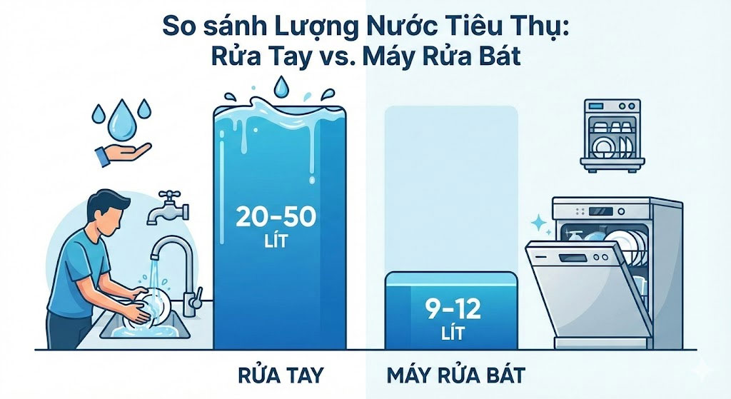 Biểu đồ so sánh lượng nước tiêu thụ rửa tay và máy rửa bát