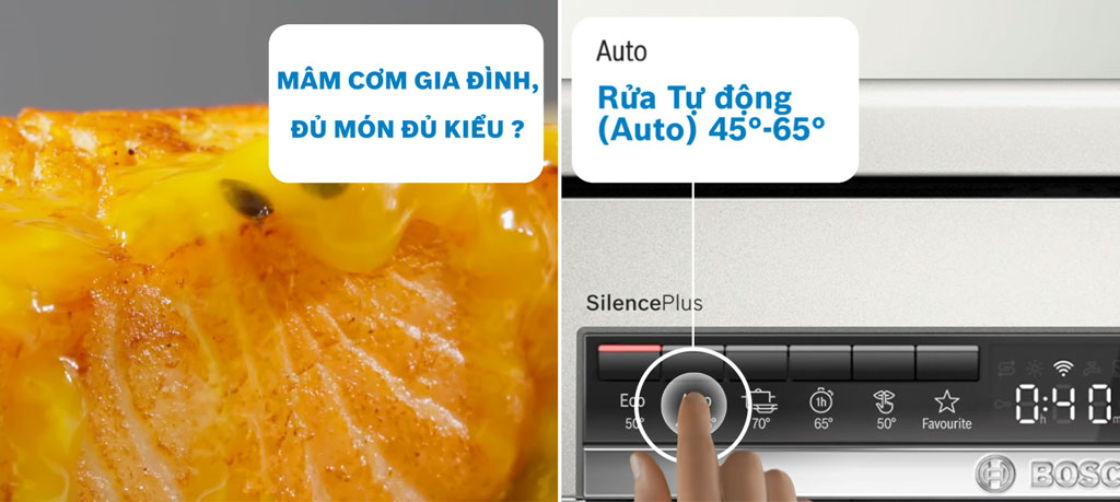Máy rửa chén Bosch hoạt động chế độ Auto 45–65°C trong gian bếp gia đình Máy rửa chén Bosch hoạt động chế độ Auto 45–65°C trong gian bếp gia đình