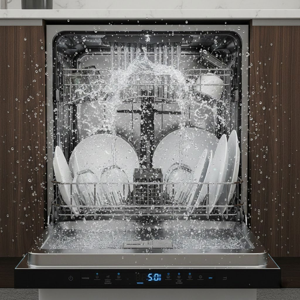 Máy rửa bát đang hoạt động với vẫy nước trong khoang rửa