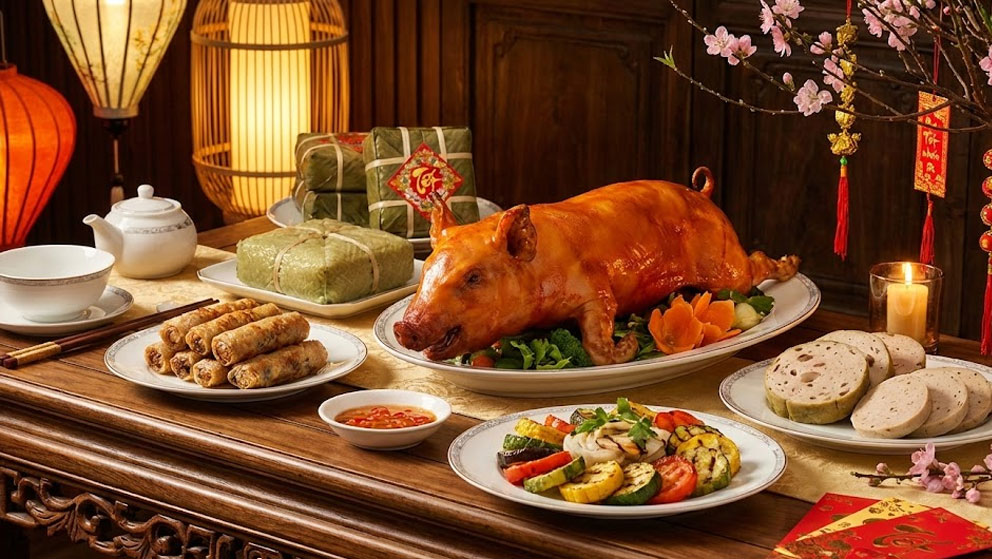 Bàn tiệc Tết sang trọng với món nướng vàng đều và ánh đèn ấm