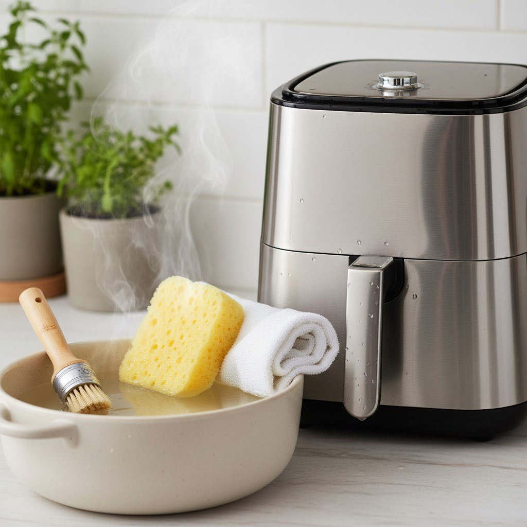 Dụng cụ vệ sinh bên cạnh chiếc nồi chiên sạch Dụng cụ vệ sinh bên cạnh chiếc nồi chiên sạch