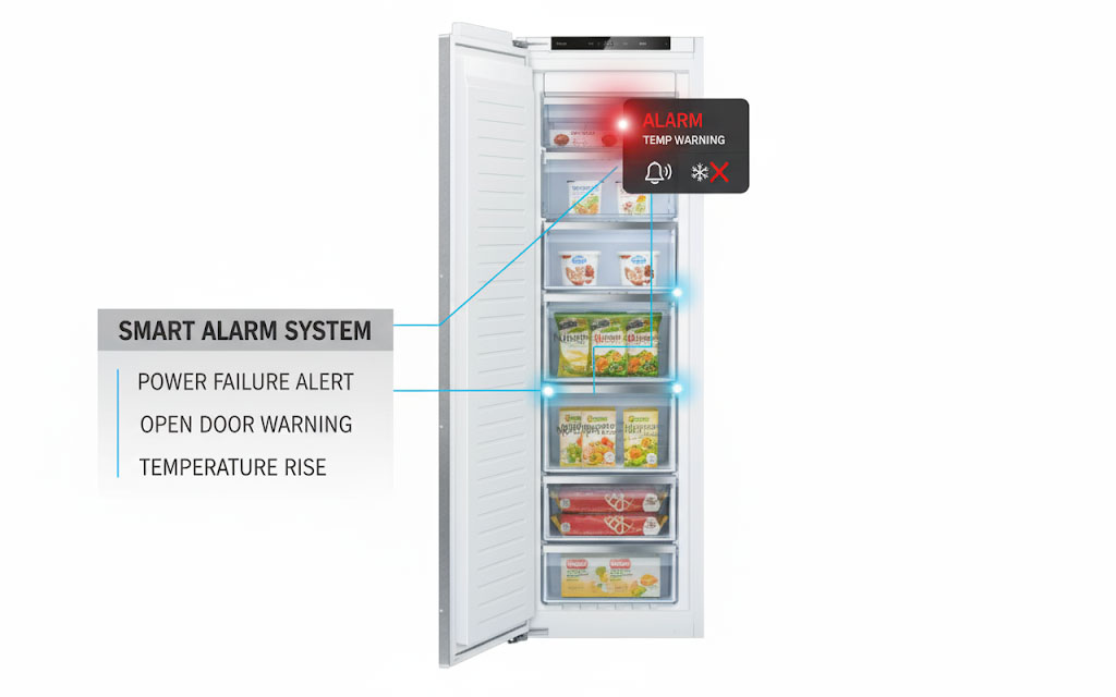 Hệ thống cảnh báo thông minh của tủ đông Bosch Series 6 GIN81ACE0 đảm bảo an toàn cho thực phẩm