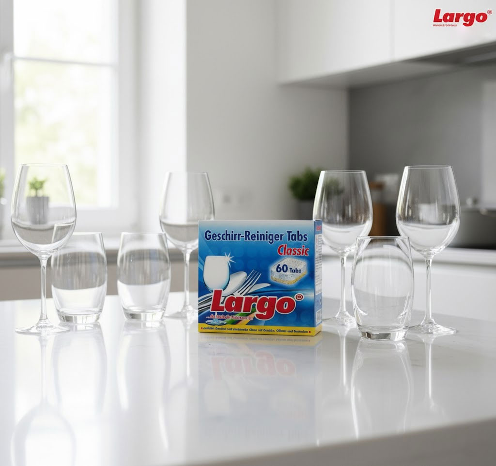 Hộp viên rửa bát Largo Classic 60 viên trên bàn bếp hiện đại, bát đĩa sáng bóng, ánh sáng tự nhiên sang trọng Hộp viên rửa bát Largo Classic 60 viên trên bàn bếp hiện đại, bát đĩa sáng bóng, ánh sáng tự nhiên sang trọng