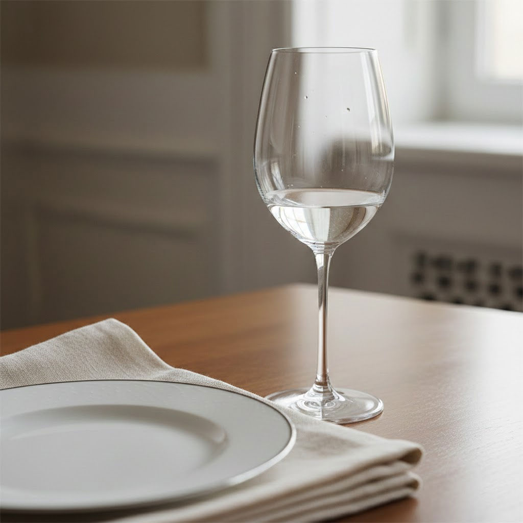 Ly thủy tinh sáng trong đặt cạnh khăn linen và đĩa sứ tạo cảm giác tinh tế Ly thủy tinh sáng trong đặt cạnh khăn linen và đĩa sứ tạo cảm giác tinh tế