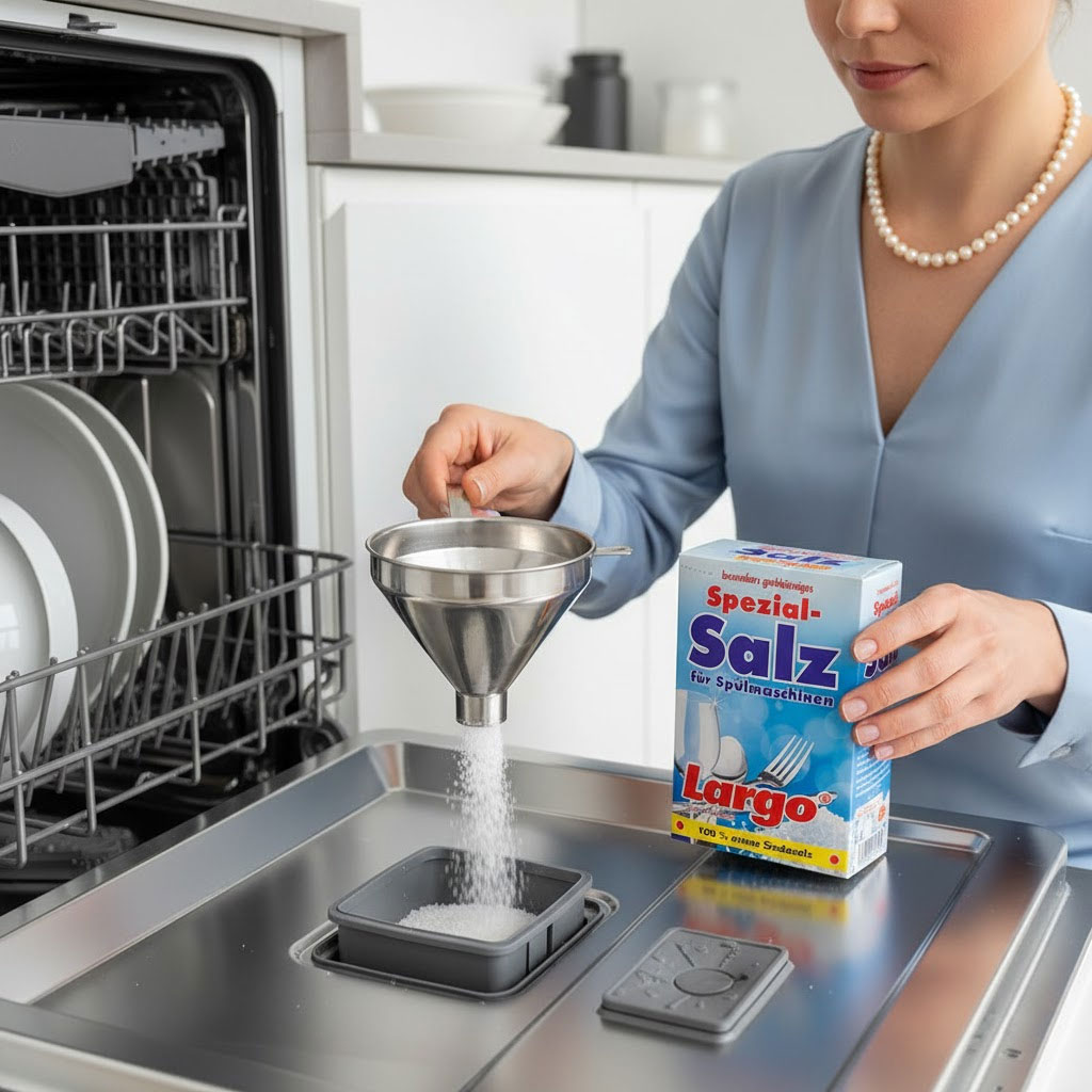 Người phụ nữ đổ muối chuyên dụng vào khoang máy rửa bát bằng phễu inox Người phụ nữ đổ muối chuyên dụng vào khoang máy rửa bát bằng phễu inox