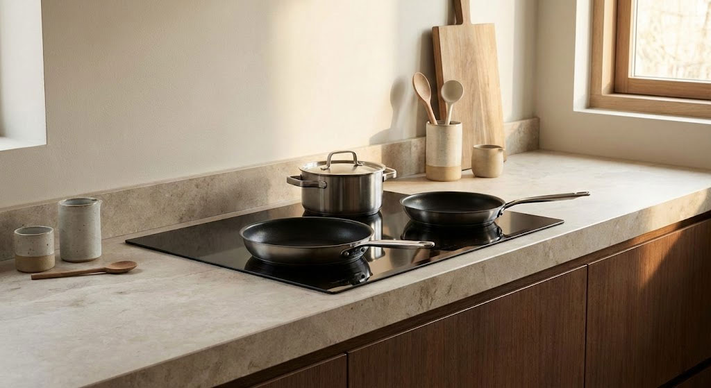 Bếp từ ba vùng nấu bố trí nồi chảo cân đối trên bàn bếp tối giản Bếp từ ba vùng nấu bố trí nồi chảo cân đối trên bàn bếp tối giản