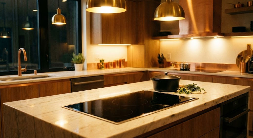 Bếp từ âm tủ mặt kính đen trên mặt đá sáng màu trong không gian bếp hiện đại Bếp từ âm tủ mặt kính đen trên mặt đá sáng màu trong không gian bếp hiện đại