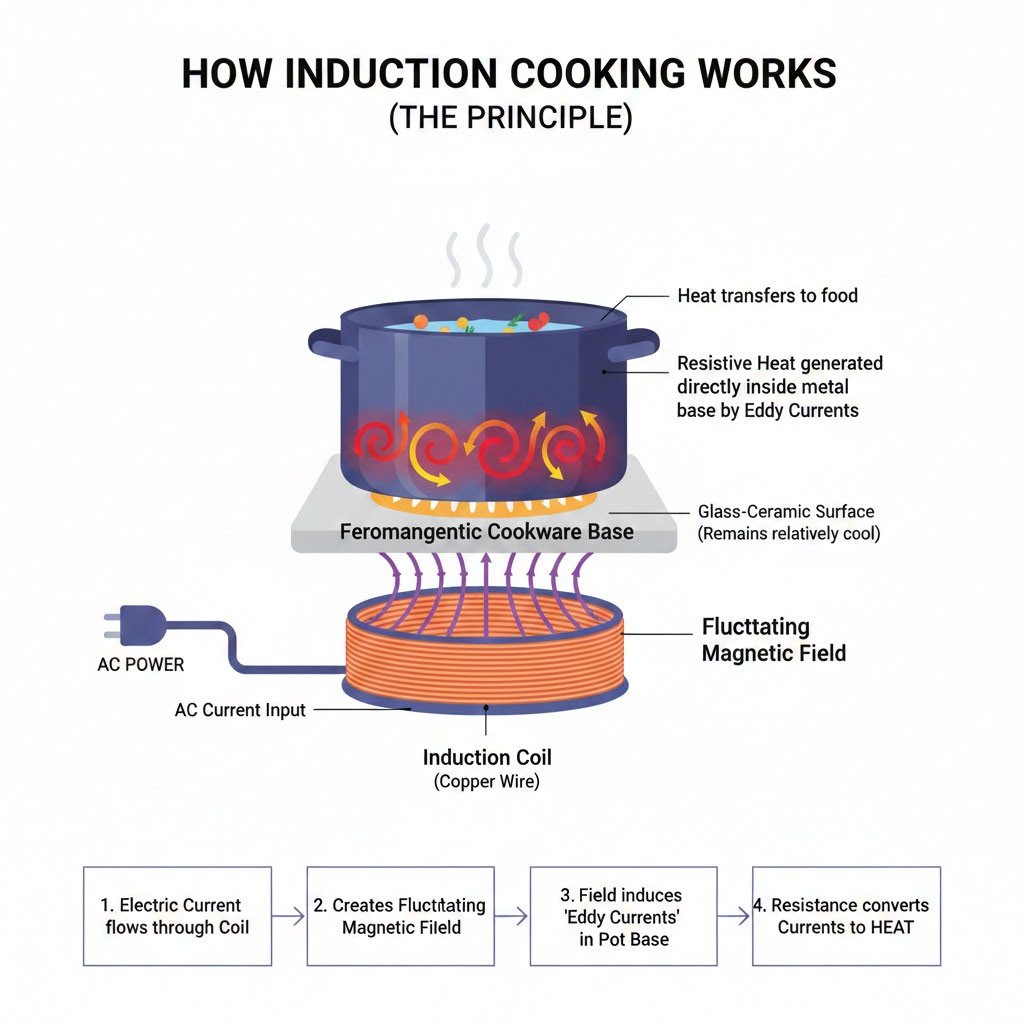Infographic nguyên lý hoạt động của bếp từ bằng cảm ứng điện từ Infographic nguyên lý hoạt động của bếp từ bằng cảm ứng điện từ